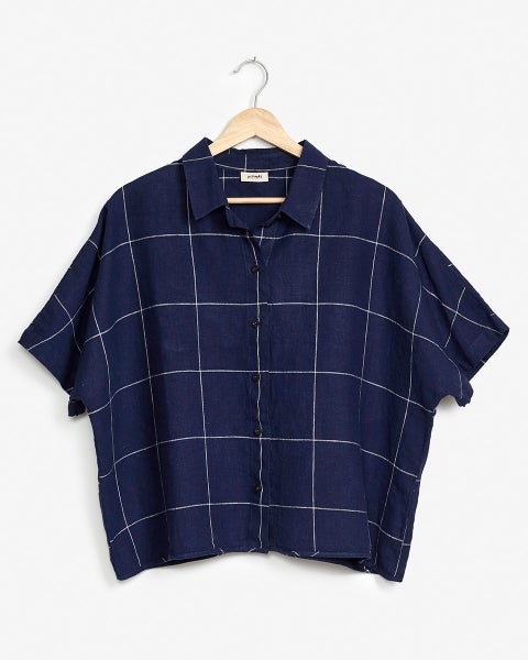Pellavapaita Sonja navy grid