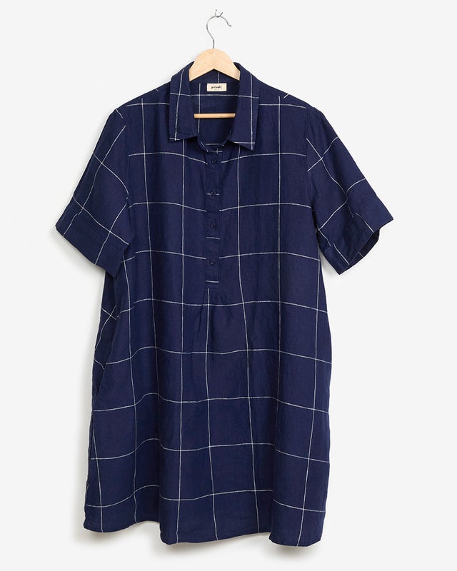 Pellavamekko Vilma navy grid