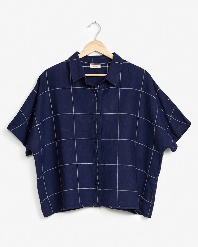 Pellavapaita Sonja navy grid